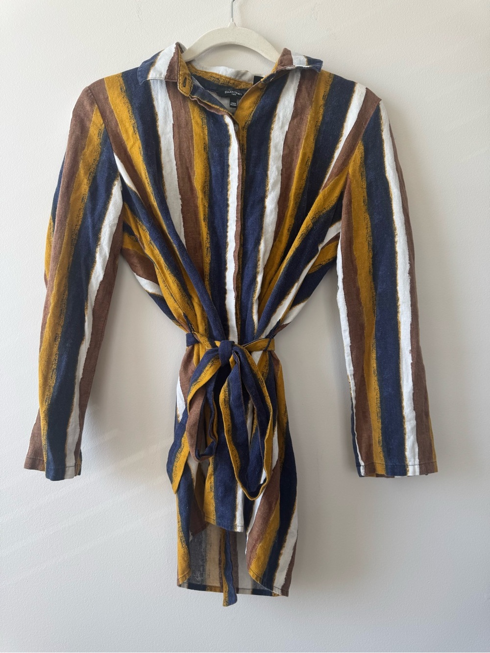 Ellen Tracy Striped Linen-Blend Long Sleeve Multi Color Resort Beach Sz S